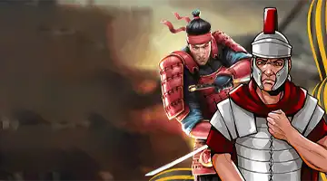 Самурай и римский солдат с мечами на фоне, иллюстрирующие турнир OnlyPlay в Riobet Казино.